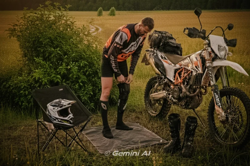 Motocyklista off-roadowy nakłada ortezy kolanowe